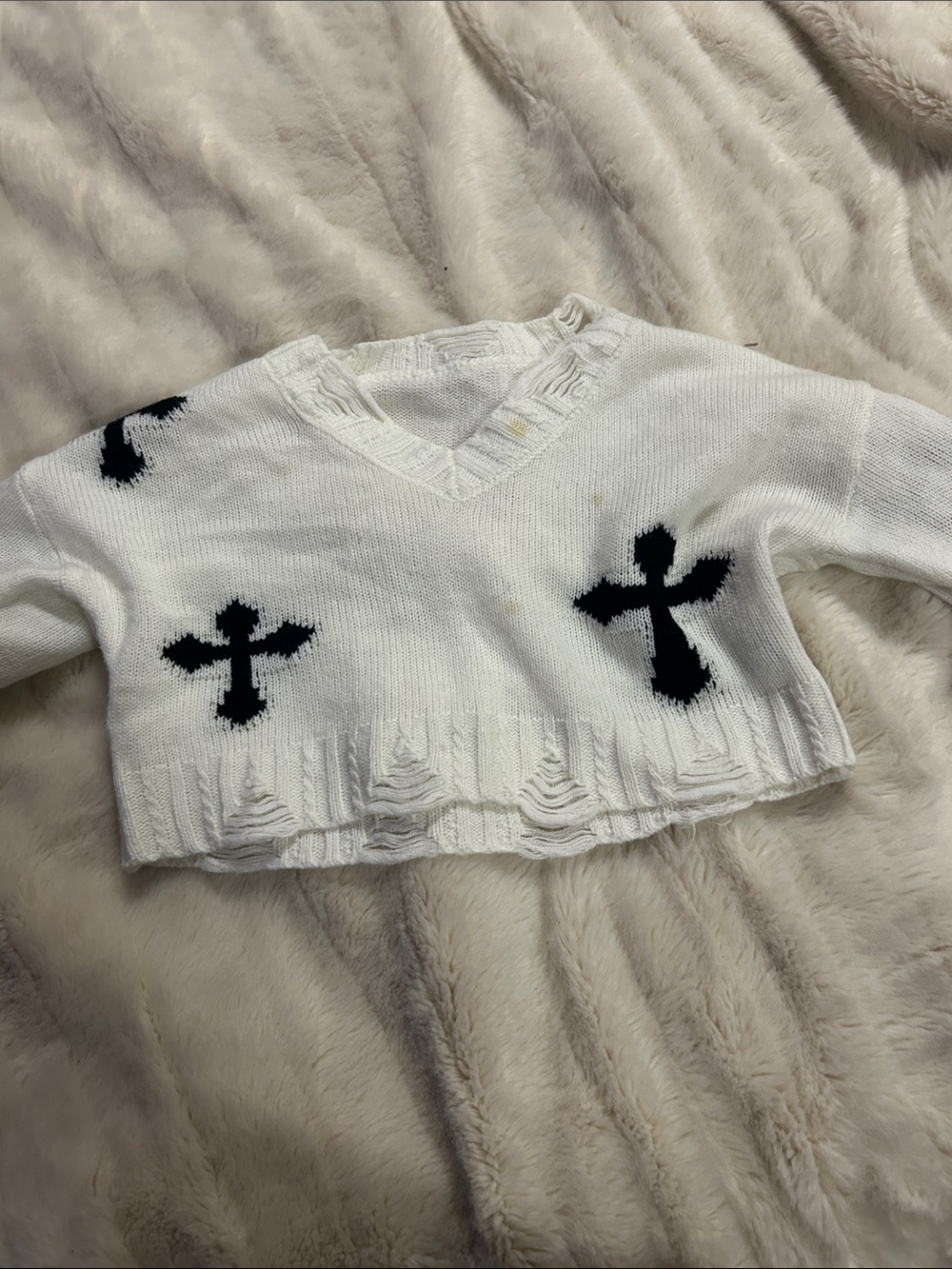 Kids White V-Neck Cropped Sweater with Black Cross Details